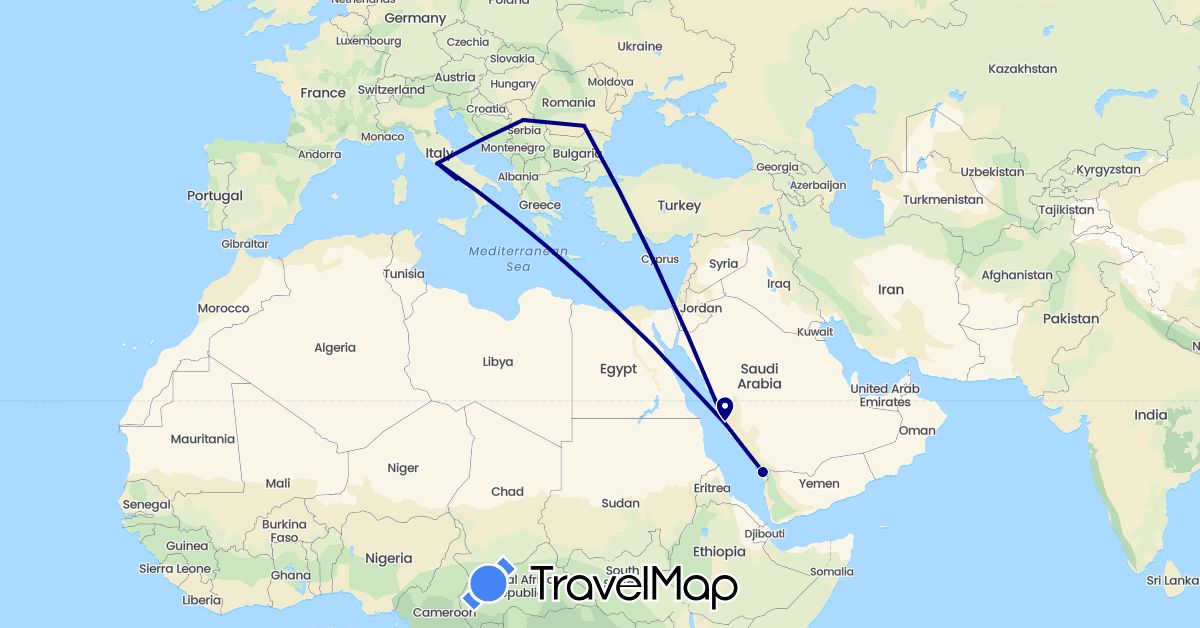 TravelMap itinerary: driving in Italy, Romania, Serbia, Saudi Arabia (Asia, Europe)
